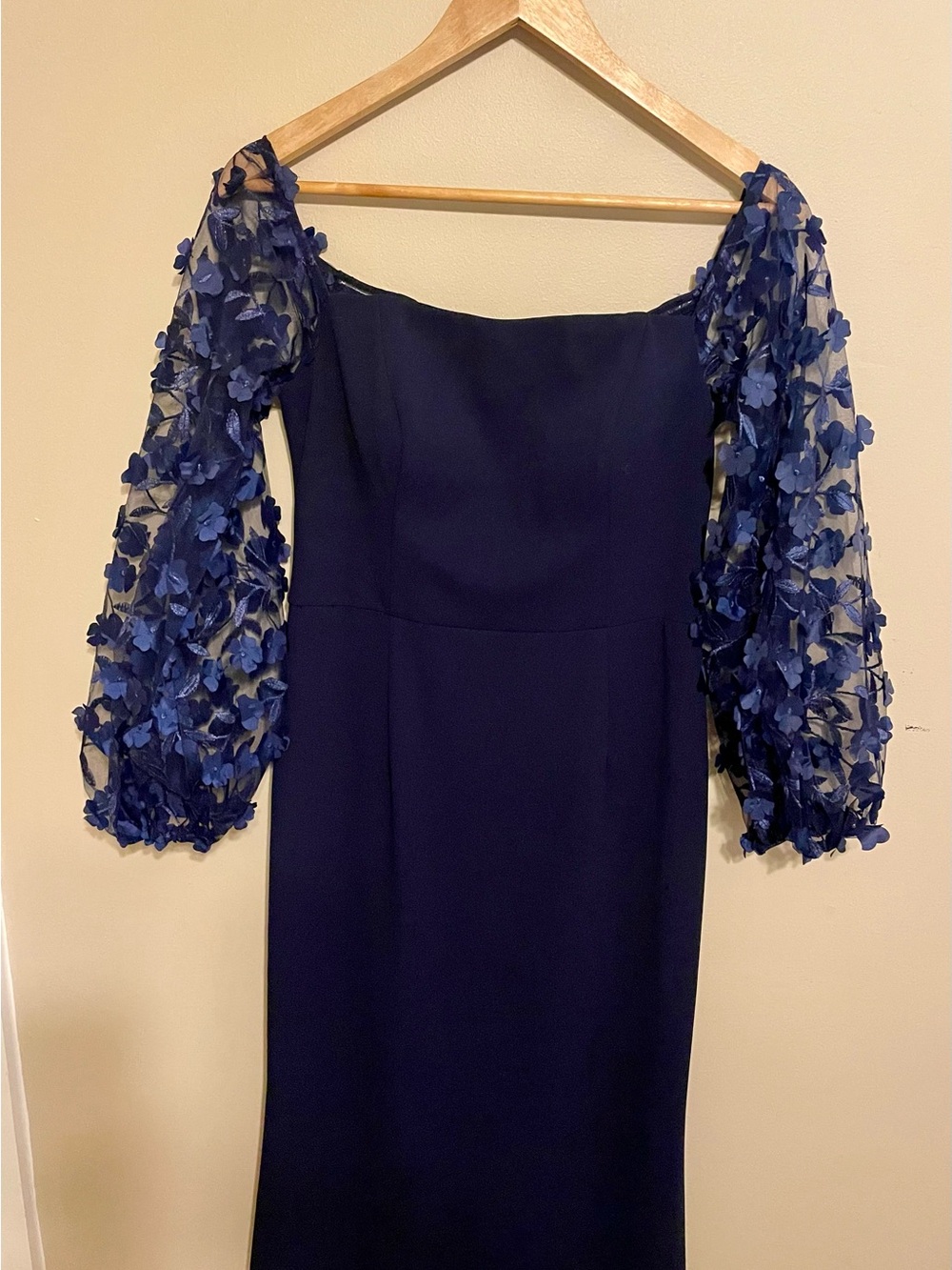 Eliza J Navy Off-Shoulder Gown with Embroidered Sheer Sleeves - Picture 3 of 5